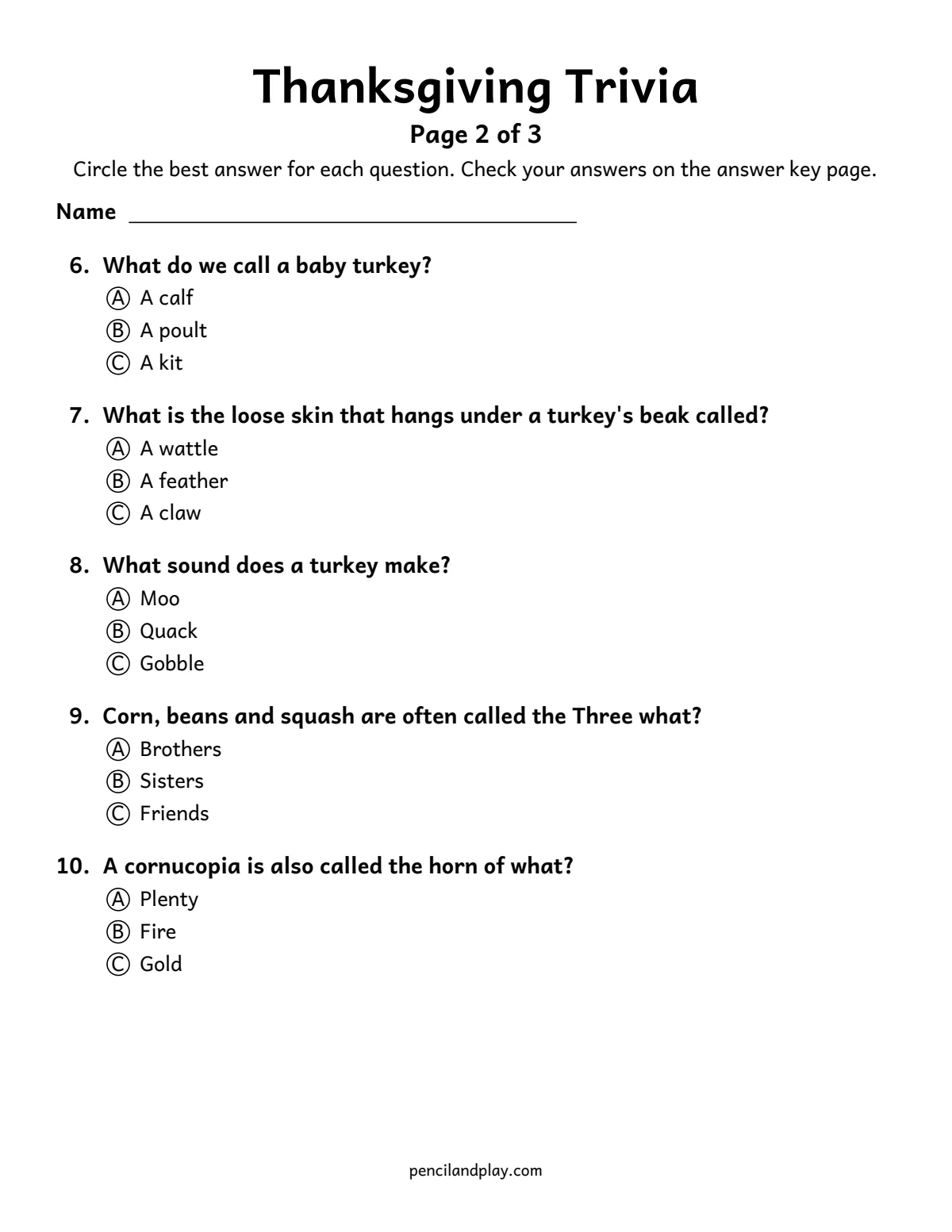 Thanksgiving trivia printable page 2 with turkey and food questions