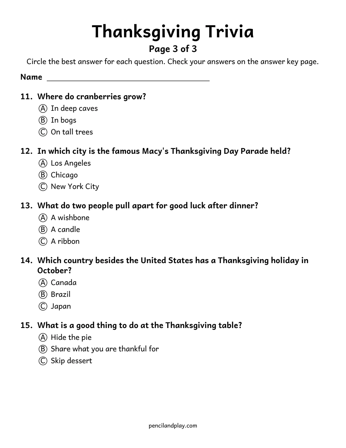 Thanksgiving trivia printable page 3 with tradition questions