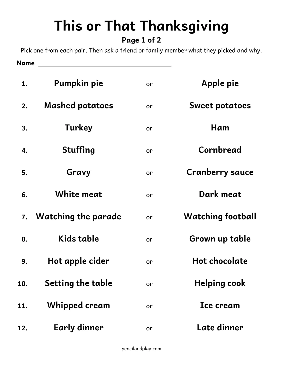 This or That Thanksgiving printable page 1 with food and dinner choices