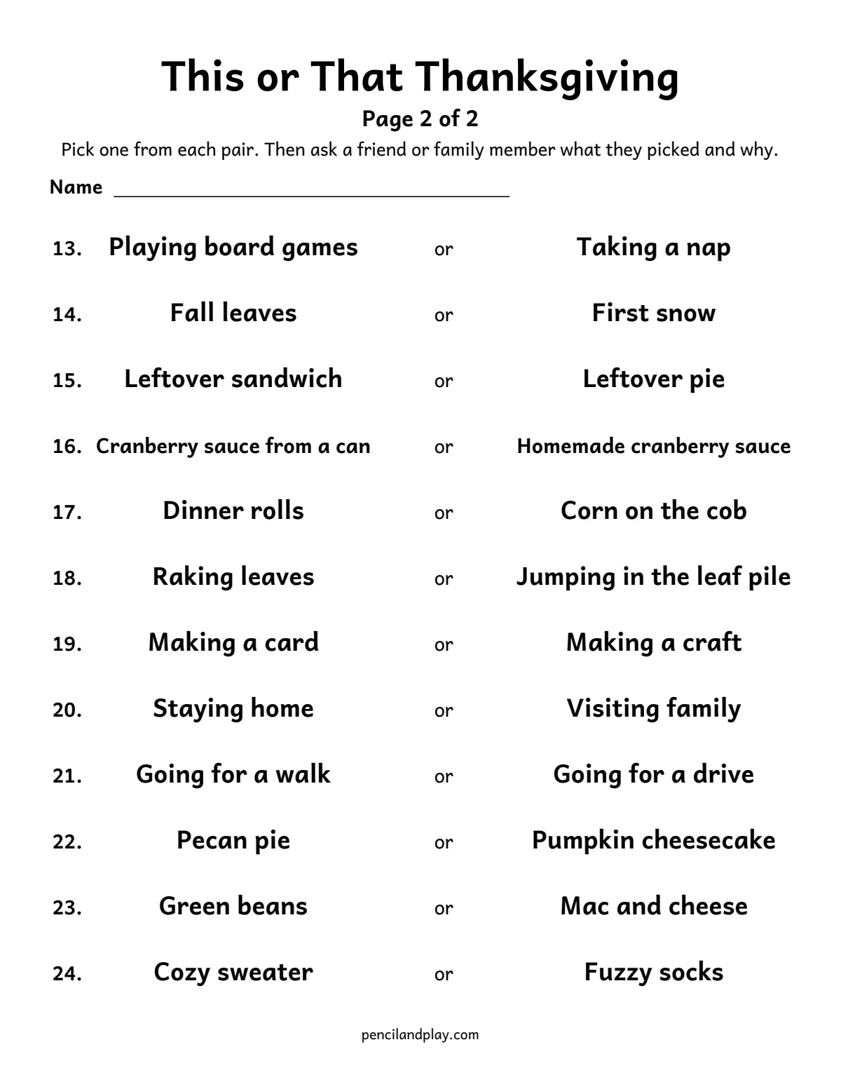 This or That Thanksgiving printable page 2 with fall and family choices