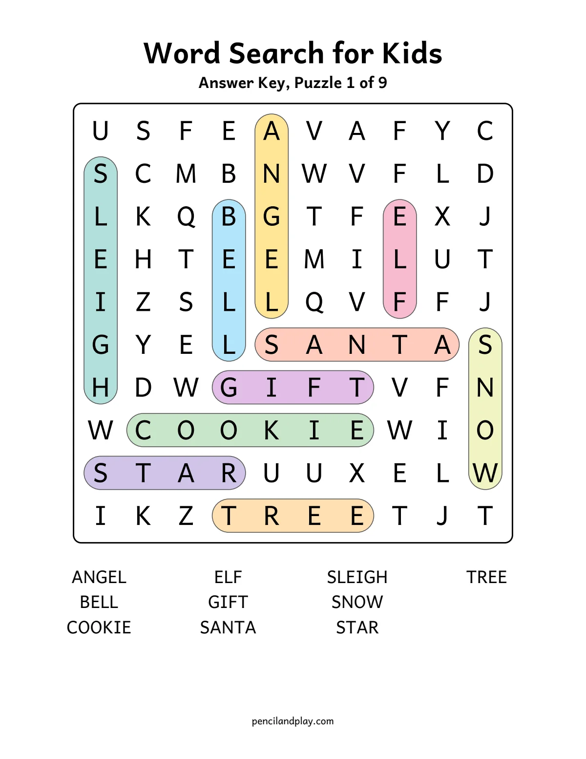 Word search for kids answer key with each word highlighted