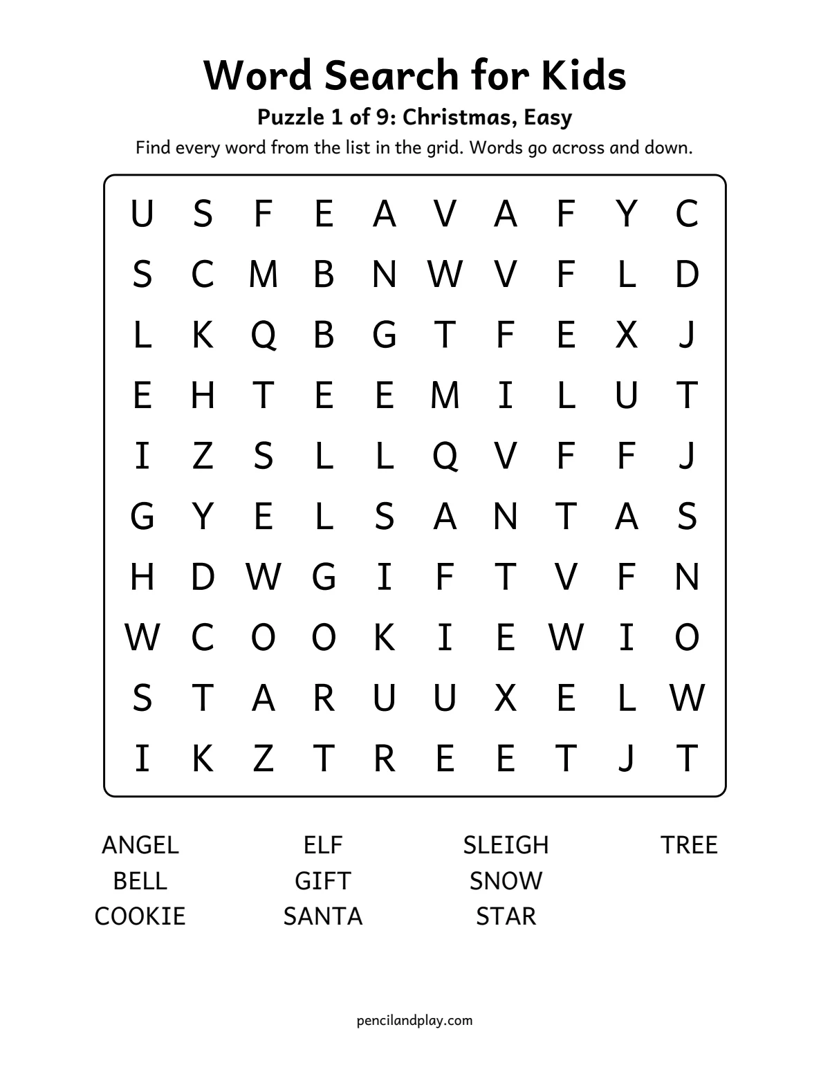 Easy Christmas word search for kids with 10 words