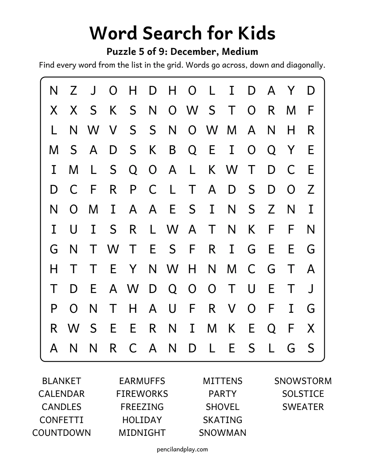 Medium December word search for kids with 18 words