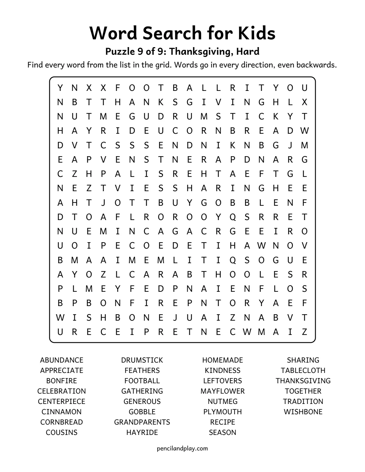Hard Thanksgiving word search for kids with 30 words